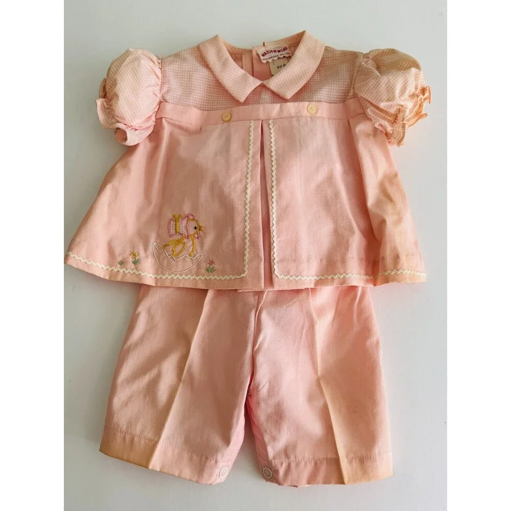 Vintage WASH & WEAR Two Piece Pink Embroidered Outfit Toddler Girl Size Medium